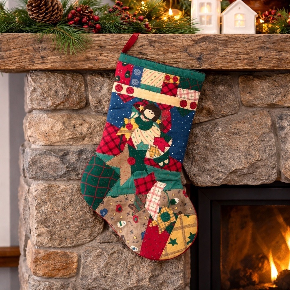 Handmade Quilted Patchwork Christmas Stocking Santa Angel Farmhouse Decor